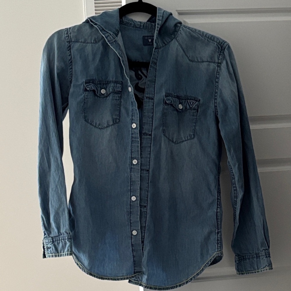 Guess Blue Denim Hooded Shirt Sz S - Picture 1 of 13